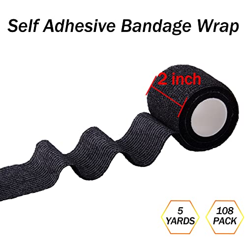 BQTQ 108 Rolls Self Adhesive Bandages 2 Inch Black Medical Tape for First Aid