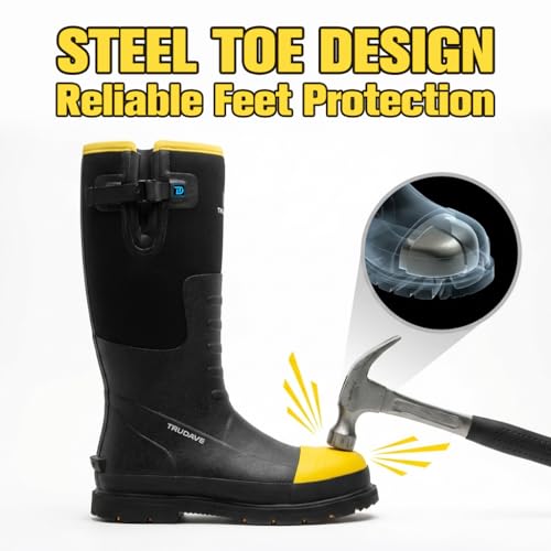 Trudave Steel Toe Rubber Work Boots for Men - Waterproof, Anti-Slip, Black, Size 6-14
