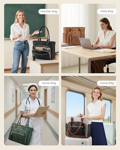 Yellow-Brown Embossed Leather Laptop Tote Bag for Women 17.3 Inch Waterproof Business Shoulder Bag with Cup Holder