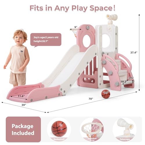 Indoor Toddler Slide 6-in-1 Playset with Basketball Hoop & Storage - Pink-New