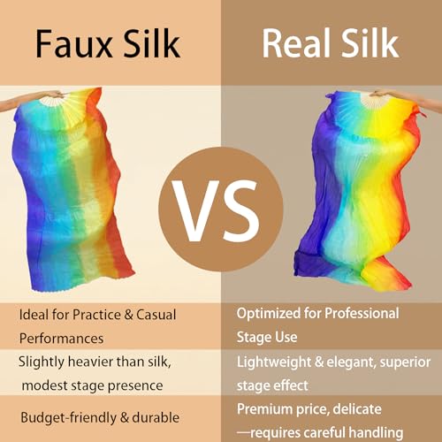 Women Belly Dance Fan for Beginners - Vertical Rainbow Faux Silk Fan 180x90cm Right Hand Only Flowing Veil for Practice & Performance