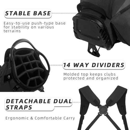 LOVACE 14-Way Golf Stand Bag - Black Lightweight Carry Bag for Men & Women