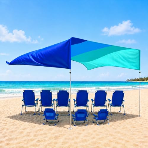 Beach Shade Sail 14x14 ft Blue Tones Wind-Propelled Canopy No Ropes, UV50+ Large Group