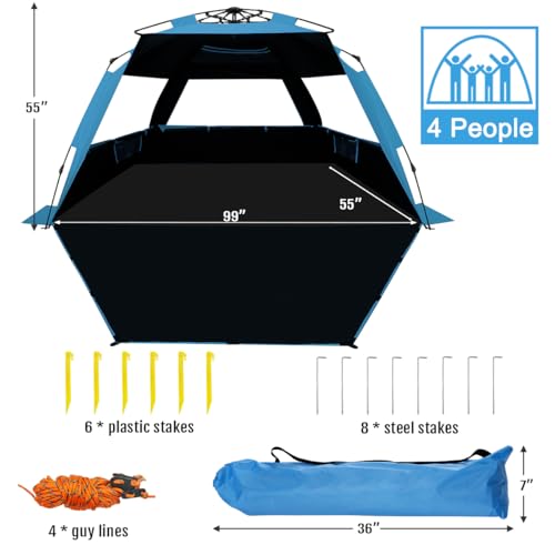 WhiteFang Blackout Beach Tent Sun Shade Shelter for 3-4/5-6 People, Blue, Extendable Floor, UV Protection, Easy Setup