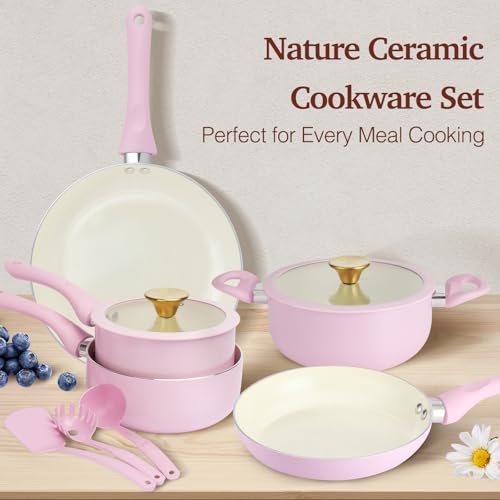 Pink Ceramic Non-Stick Pots and Pans Set 11pcs - M MELENTA, Compact Kitchen