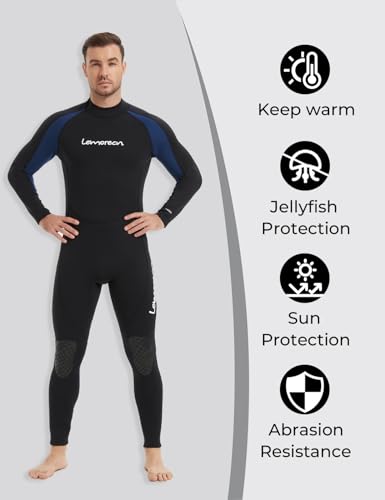 Men's 3mm Wetsuit Full Body Neoprene for Diving Snorkeling Surfing - Black+Blue Large