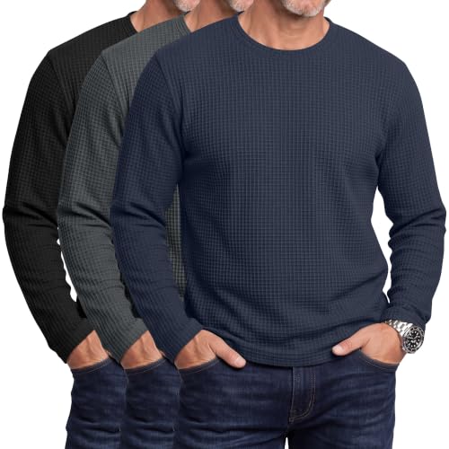 Men's Big & Tall Waffle Thermal Casual Shirts 3 Pack - Black, Gray, Navy Blue 3X-Large