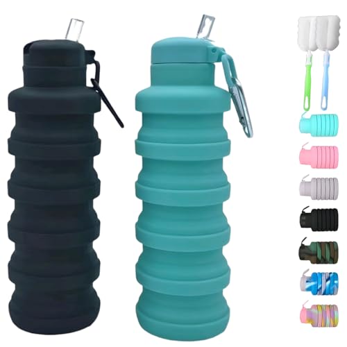 2 Pack Collapsible Water Bottles 500ml with Brush - Black & Aqua Blue