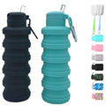 2 Pack Collapsible Water Bottles 500ml with Brush - Black & Aqua Blue