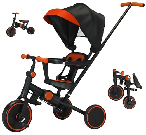 FVOJZQGD Black Foldable Toddler Tricycle with Canopy 8-in-1 Baby Balance Bike