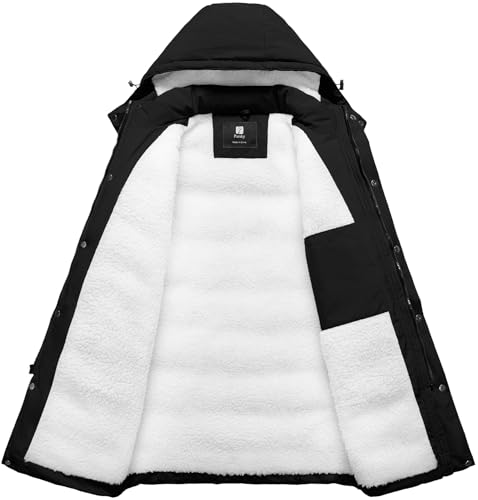 Pursky Men's Long Winter Coat XL Black Sherpa Lined Waterproof Puffer Jacket