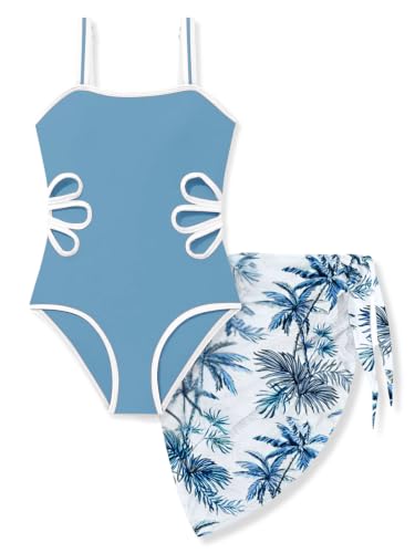 Kids Girls Swimsuit 2PCS Adjustable Straps One Piece Bathing Suit with Cover Up Skirt