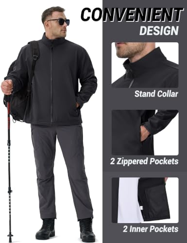 Men's Lightweight Softshell Waterproof Fleece Windbreaker Jacket - Small, Black