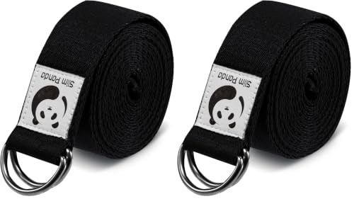 8 Feet Cotton Yoga Strap for Stretching - Black, Pack of 2, Adjustable D-Ring