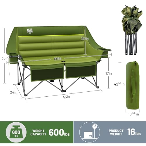 Heavy Duty Outdoor Folding Camping Loveseat with Cup Holders - Green
