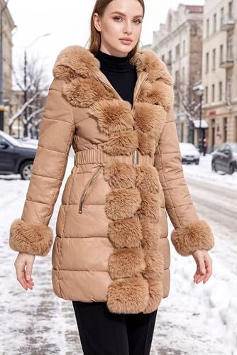 Women’s Winter Puffer Coat with Hood - Quilted Leather Jacket, Small Apricot Orange Buff - RISISSIDA