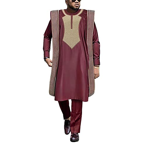 African Mens Traditional Attire Agbada Boubou Caftan Set - Red, XX-Large