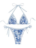 Women's Boho Floral Print Bikini Set - Medium Blue & White Halter Triangle Swimsuit