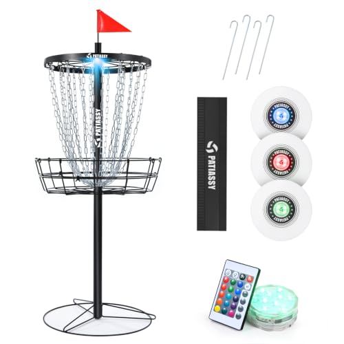 Patiassy Lighted Disc Golf Basket with Adjustable Height & Night LED Night & 24/12 Chain