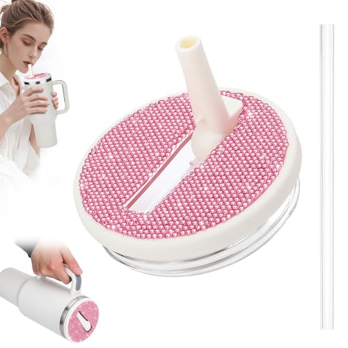 Cream Pink Rhinestone Flip Straw Lid Replacement for Stanley Quencher 40 oz Tumbler - Leak Proof & Non-Spill