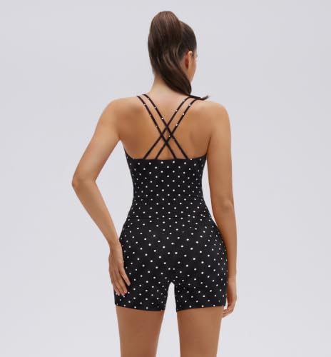 Women’s 2-Piece Workout Sets with Padded Yoga Tops & High-Waisted Biker Shorts - Black Polka Dots, Medium