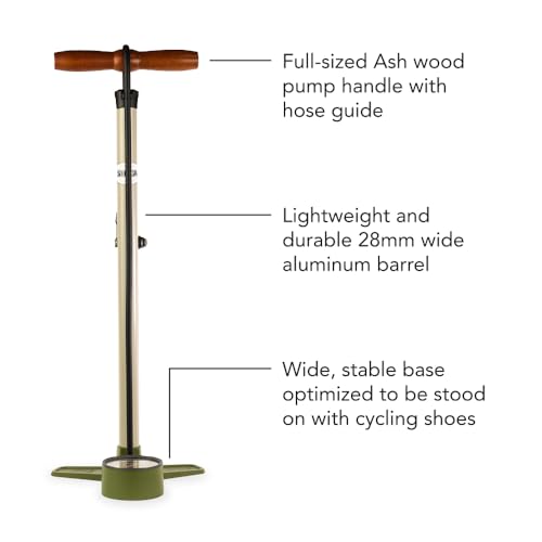 Bike Floor Pump with Steel Construction & Wood Handle, 120 PSI - Universal Compatibility