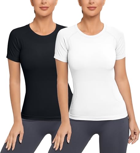 MathCat Women's Compression Workout Shirts Black & White XL - Soft Seamless Gym Top for Running