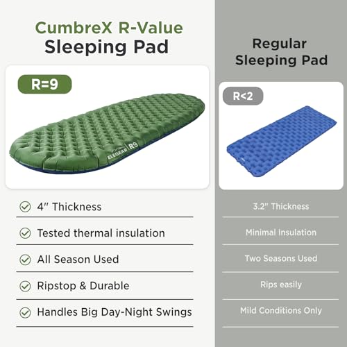Insulated Camping Sleeping Pad 4-Inch Thick with R-Value 9 - Green, Regular