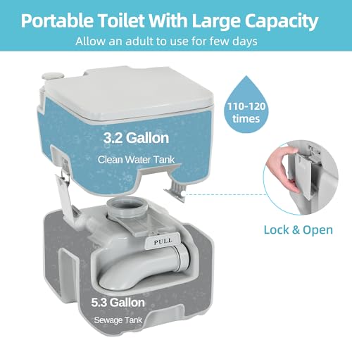 YITAHOME Portable Camping Toilet with Handle Pump & Wheels, 5.28 Gal Waste & 3.2 Gal Freshwater Tank