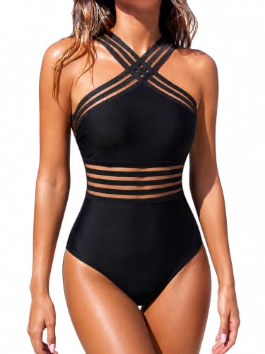 Hilor Women’s One Piece Swimsuit Slimming Tummy Control Bathing Suit - Black, 4-6