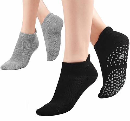 Toes Home Pilates Socks for Women - Cushioned Grip Yoga & Barre Socks 9-11, Black & Grey - 4 Pairs