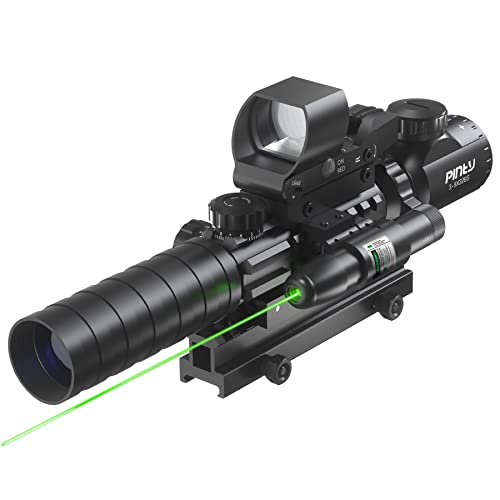 Pinty 3-9x32 4-in-1 Tactical Rifle Scope Set with Red-Green Dot & Green Laser