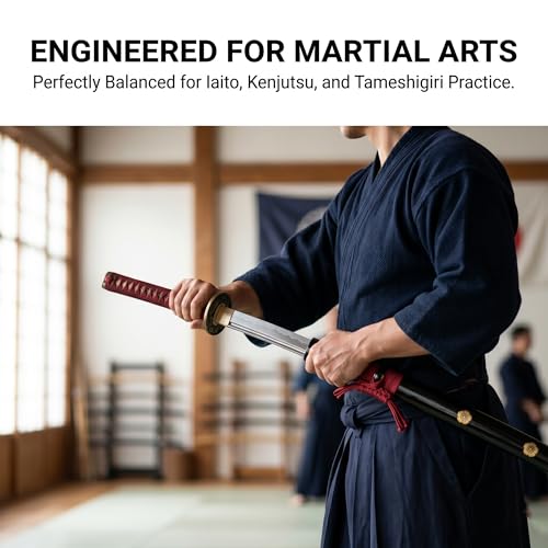 Red Handmade Samurai Katana Sword - Full Tang, Clay Tempered Spring Steel, Plum Blossom Design, for Practice & Collection