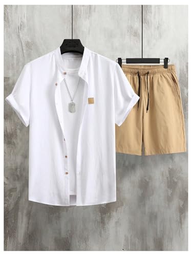 SOLY HUX Men's Summer 2-Piece Short Set Casual Beach Outfit Large White & Khaki