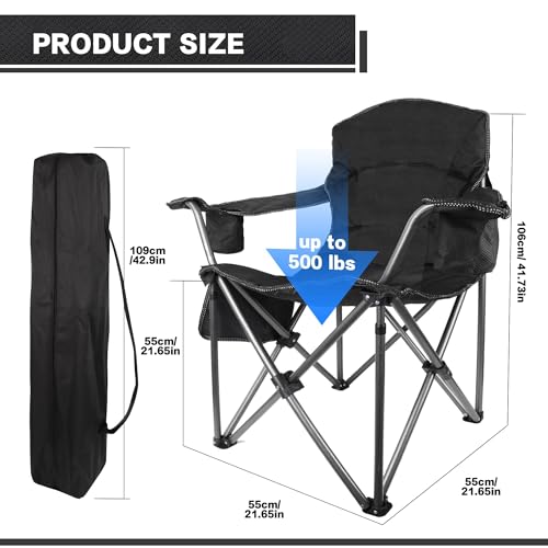 CRKOIAXEP Heavy Duty Folding Camping Chair Black 2 - 500lbs Oversized Padded Outdoor Seat with Cooler & Cup Holder
