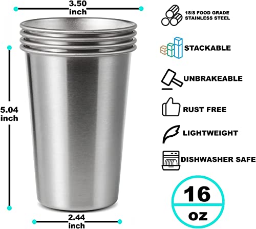 16 Pack 16oz Stainless Steel Pint Cups - Unbreakable, Stackable Drinking Glasses
