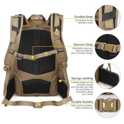 40L Military Tactical Backpack Khaki, Molle Assault Pack for Outdoor Use