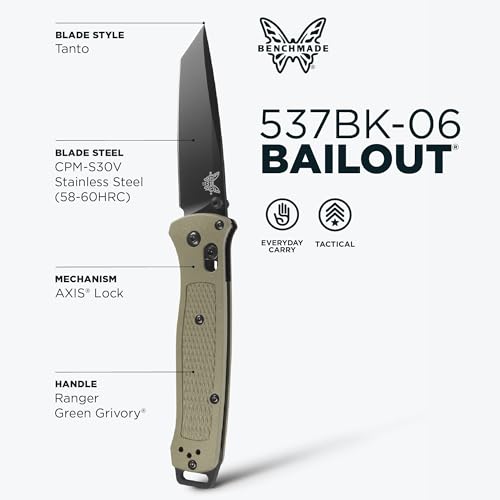 Benchmade Bailout Tactical Knife - S30V Steel Blade, Green Handle, Plain Edge