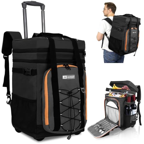 Black Backpack Cooler with Wheels - 50 Can Rolling Cooler with Handle, 2-in-1 Trolley for Beach Camping Travel