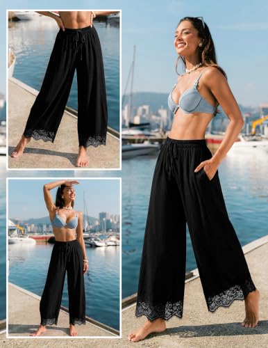 X-Large Lace Cropped Pants for Women Summer Casual Wide Leg Beach Trousers Black