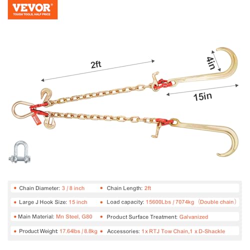 Heavy Duty Tow Chain Bridle with 15" Hooks 3/8" x 2FT Grade 80