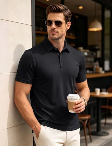 Men's Short Sleeve Performance Polo Shirt - Medium Black, 3 Button Casual Golf Collared Top