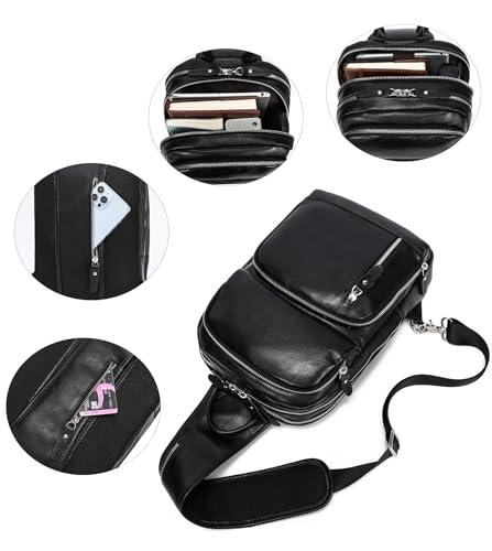 LANNSYNE Black Full Grain Leather Sling Bag for Men - Fits 12.9-inch iPad Crossbody Chest Pack