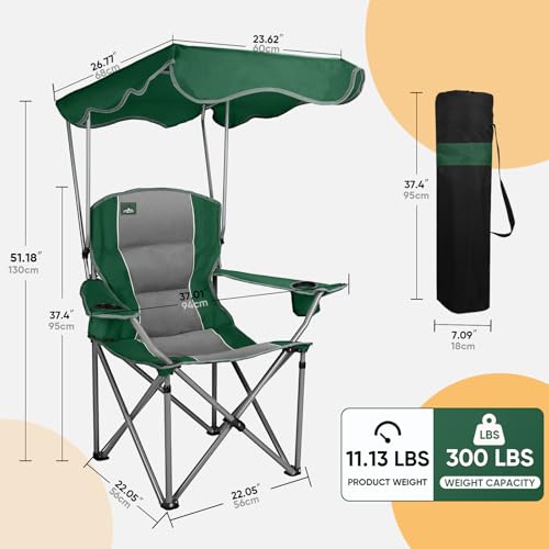 Northroad Green Folding Camping Chair with Canopy & Cup Holders Outdoor Portable Lounger