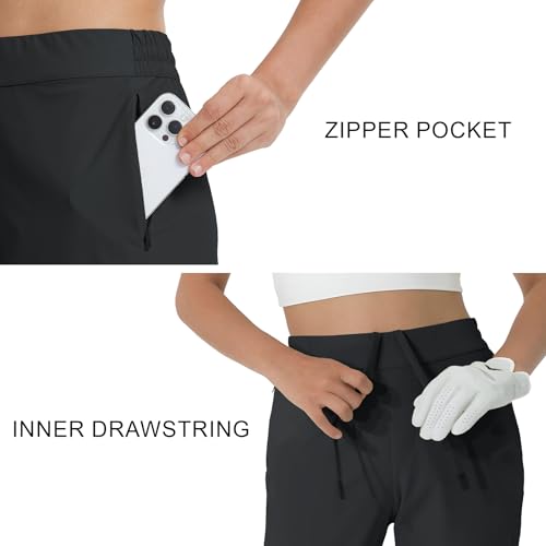 Women's Golf Pants with Zip Pockets - 7/8 Ankle Lightweight Stretch Athletic Trousers - Large / Black