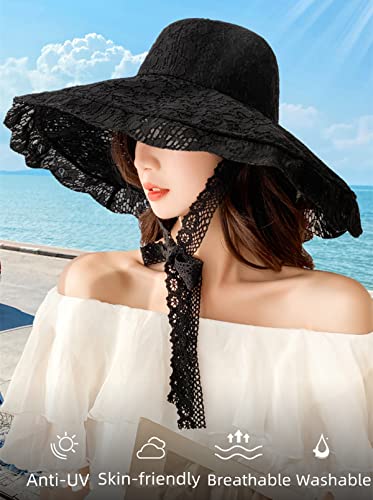 Women Lace Beach Sun Hat - Black, Foldable Wide Brim Fishermen Cap for Outdoor Travel