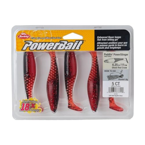 Berkley PowerBait Paddlin' Power Stinger Fishing Bait, Ghost Red Craw, 4.25in, Irresistible Scent and Flavor, Ideal for Bass, Pike, Musky and More