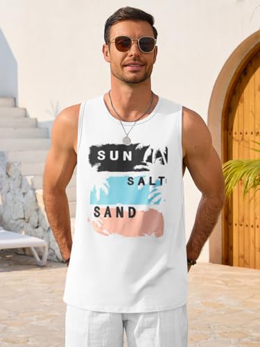 Runcati Mens Sleeveless Hawaiian Beach Tank Top Large White