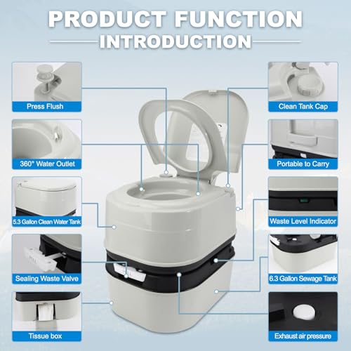 Portable Camping Toilet 6.4 Gallon Flush with Level Indicator & Detachable Handle