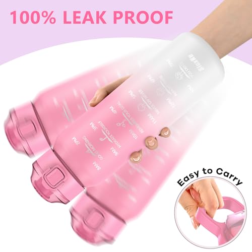 Insulated 32oz Water Bottle with 2 Lids - Pink & White, Double Wall Stainless Steel
